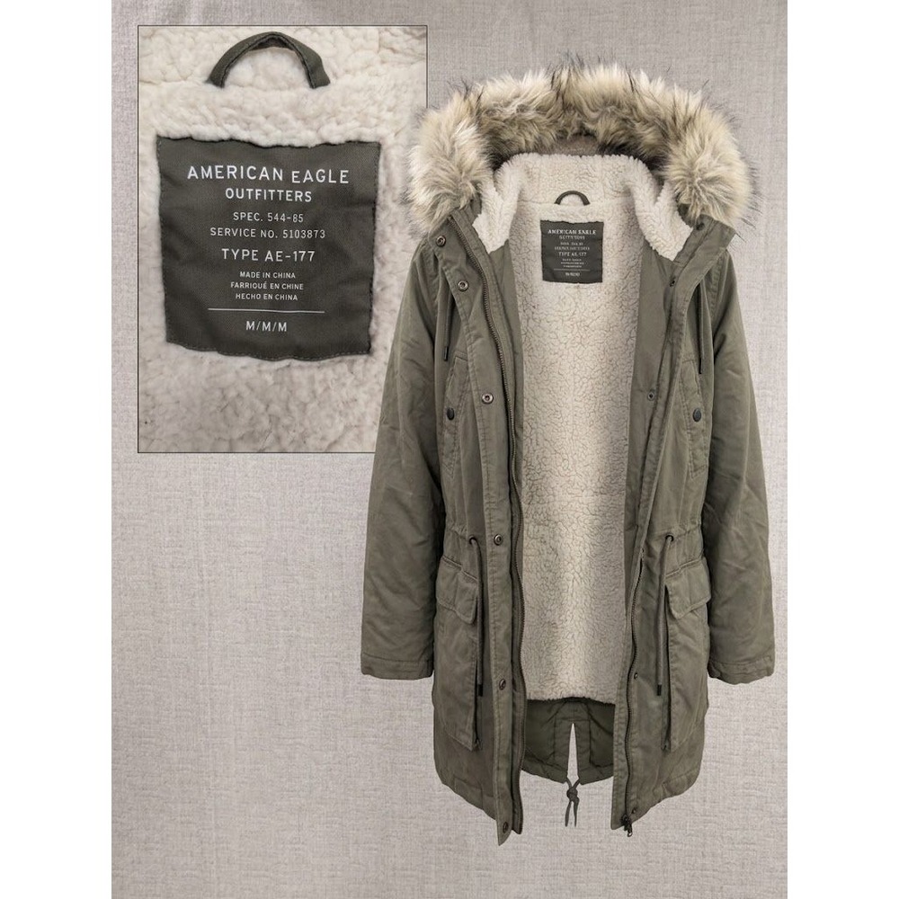 American Eagle Olive Green Sherpa Lined Faux Fur Hood Parka Jacket AE-177 Medium